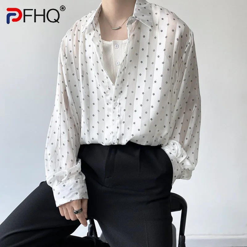 

PFHQ Spring Summer Korean Casual Men's Shirt Stripe Handsome Trend 2023 Turn-down Collar Fashion Loose Single Breasted Elegant
