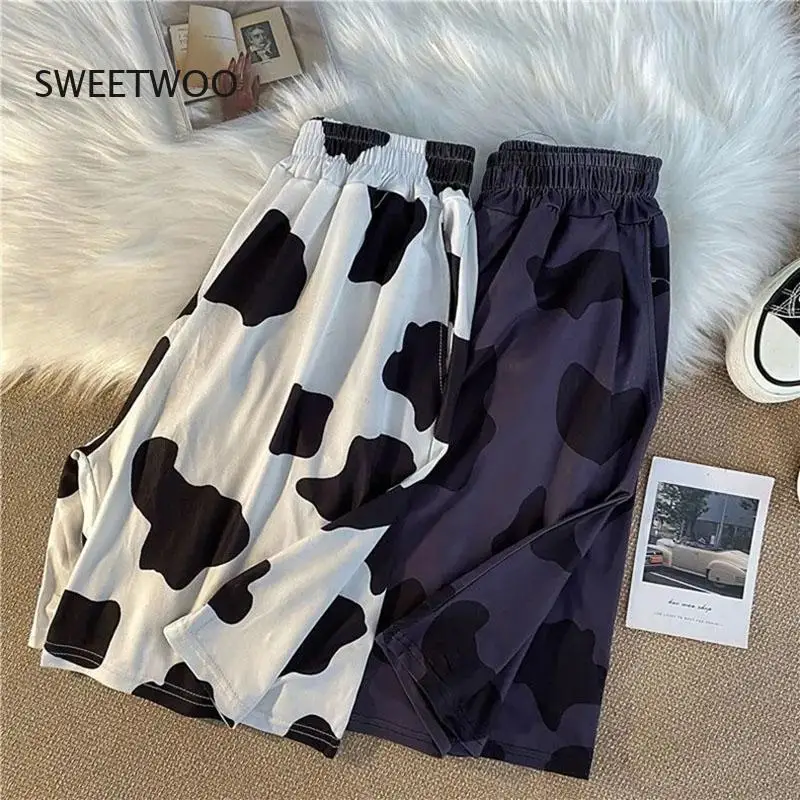 New Cow Print Sport Shorts Casual Style Streetwear Joggers Women Harajuku Sweatpants Straight Elastic High Waist Wide Leg Shorts