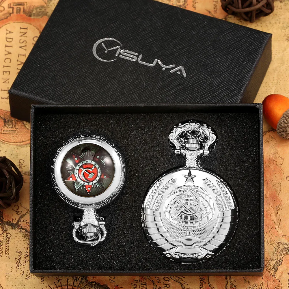 CCCP Pocket Watch Quartz Silver Watch Chain Steampunk Fob Pedent Gift Set Communist Ussr Vintage Pocket Watch for Men Women