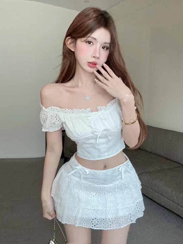 Лето 2024 топ с короткими рукавами и французским милым бантом разрезом на шее +