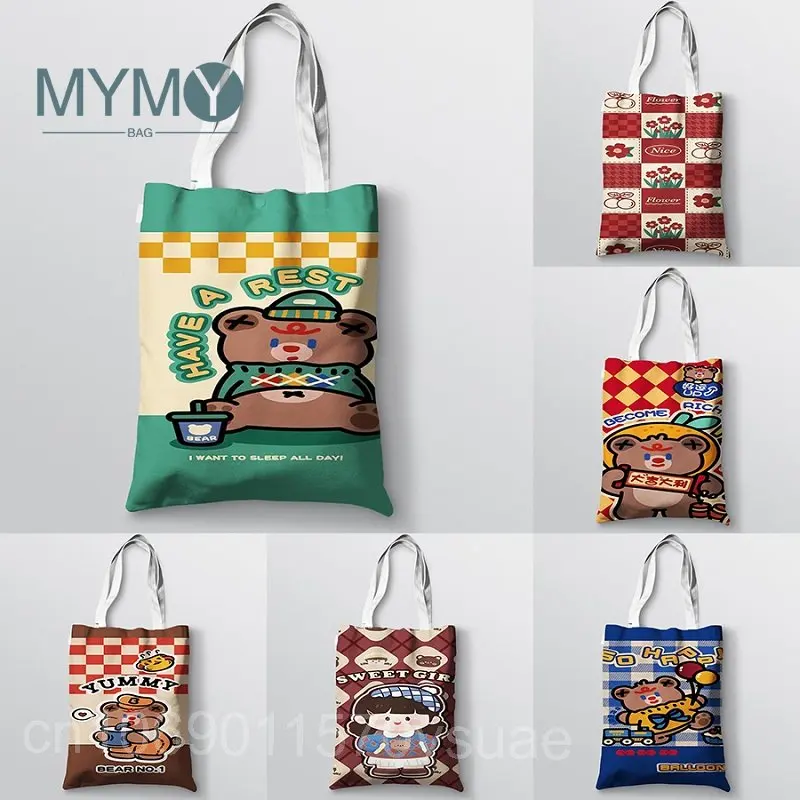 

Cute Plaid Bear Shoulder Bag Woman Handbags Female Canvas Shopping Bags Children Large Capability for Travel Tote Bags Gift