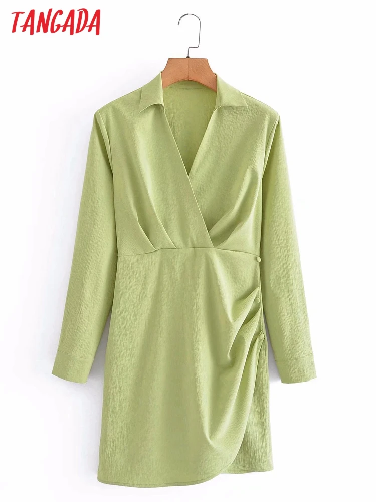 

Платье-рубашка женское Плиссированное зеленое с длинным рукавом и боковой молнией