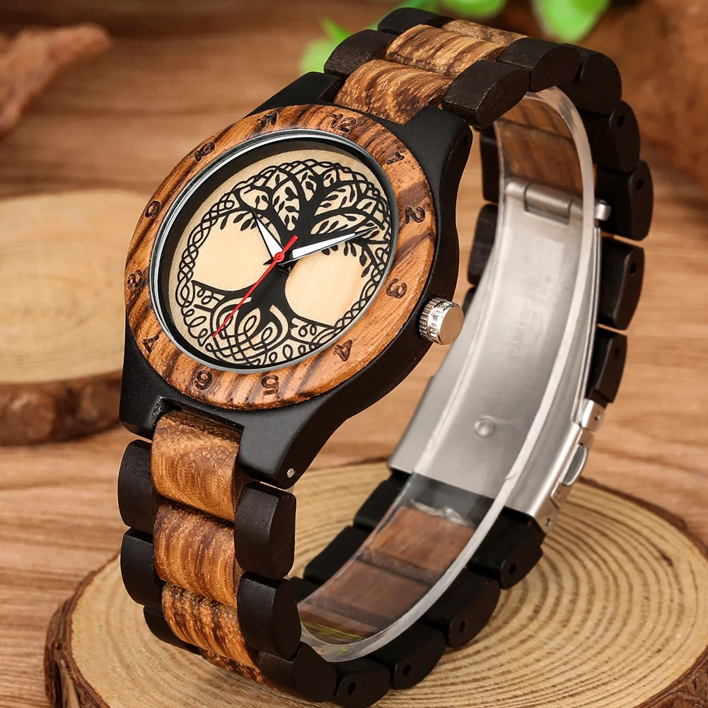 Wood Watch Couple Bamboo Quartz Wristwatches Tree of Life Engraved Dial Luxury Valentine Souvenir Gift for Men Reloj De Madera