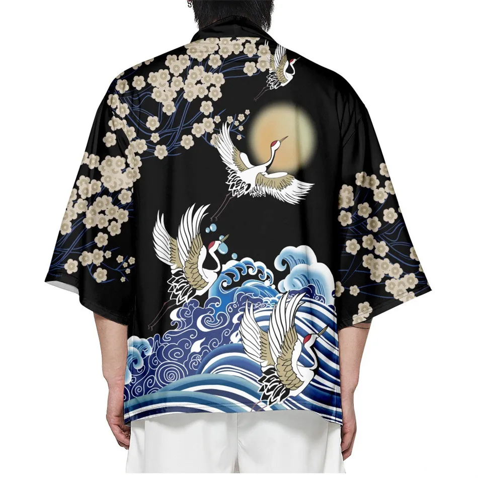 

Japanese Samurai Cardigan Kanagawa Waves Crane Print Haori Women Men Harajuku Kimono Cosplay Tops Blouse Yukata Clothing