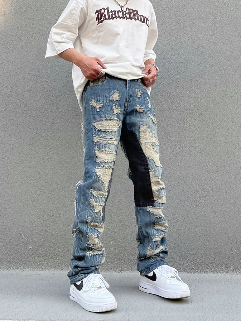 Destroy Ripped Scratched Patchwork Denim Jeans Mens Casual Straight Biker Zipper Trousers Streetwear Hip Hop Jean Pants Joggers