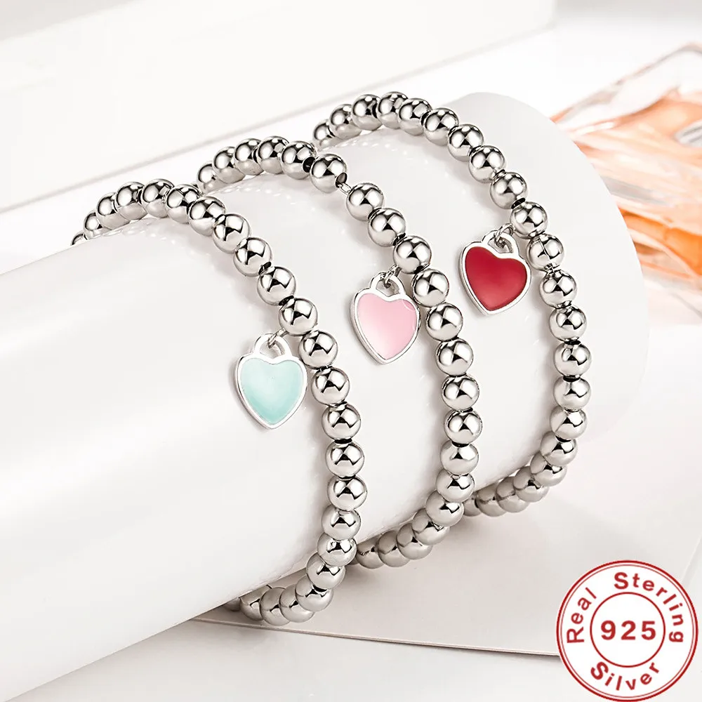 

925 Sterling Silver Bracelet Romantic Fashion Round Beads Heart Enamel Woman Bracelet Charm Jewelry