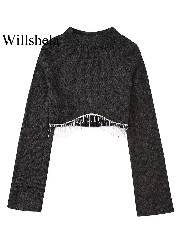 

Willshela женский модный однотонный вязаный укороченный пуловер с бусинами, винтажный свитер с круглым вырезом и длинными рукавами, женские топ...