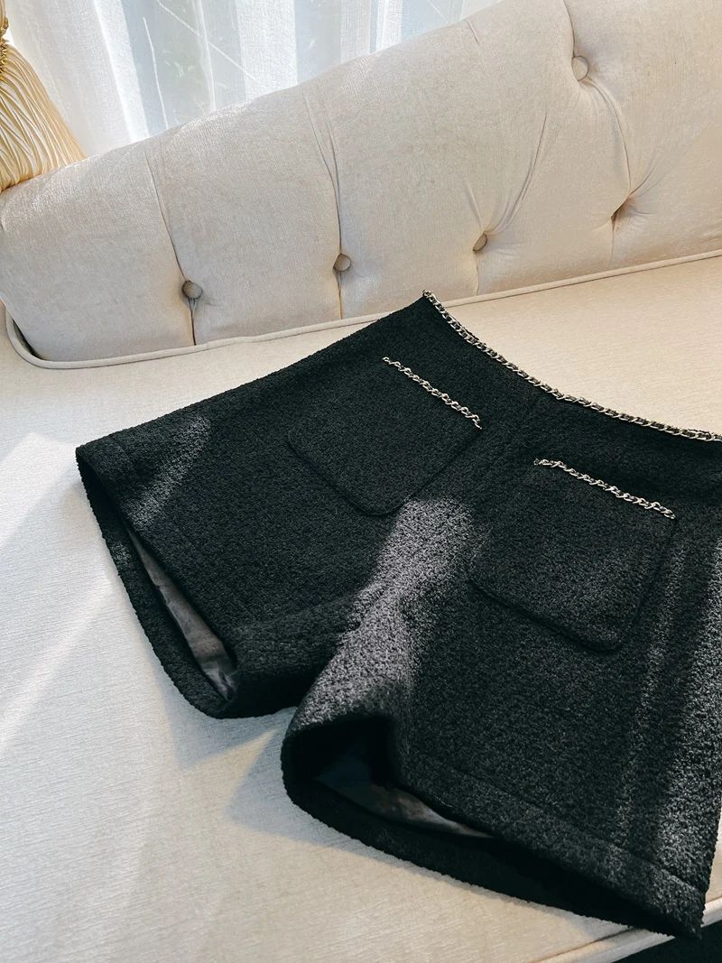 Черные твидовые шорты Lingzhiwusis французские винтажные Элегантные зимние высокого