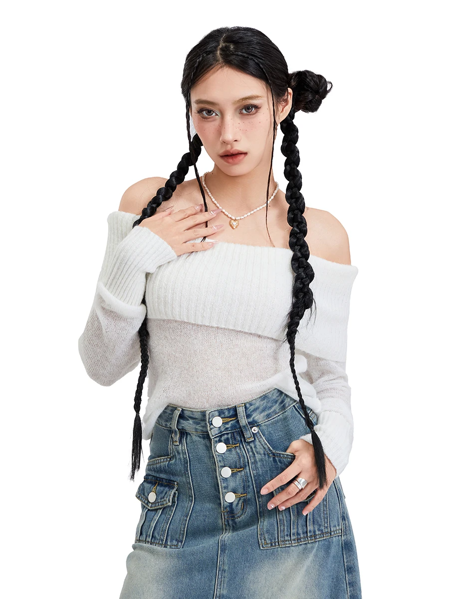 

Sexy Off The Shoulder Tops for Women Y2k Crop Top Going Out Long Sleeve Fitted Rib Knit Sweater Blouse Shirt
