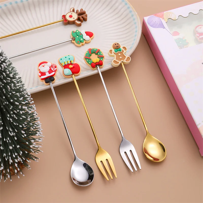 

6Pcs Christmas Spoon Fork Set Elk Christmas Tree Tableware Stainless Steel Coffee Spoon Tea Spoon Dessert Scoop Xmas Decor Gift