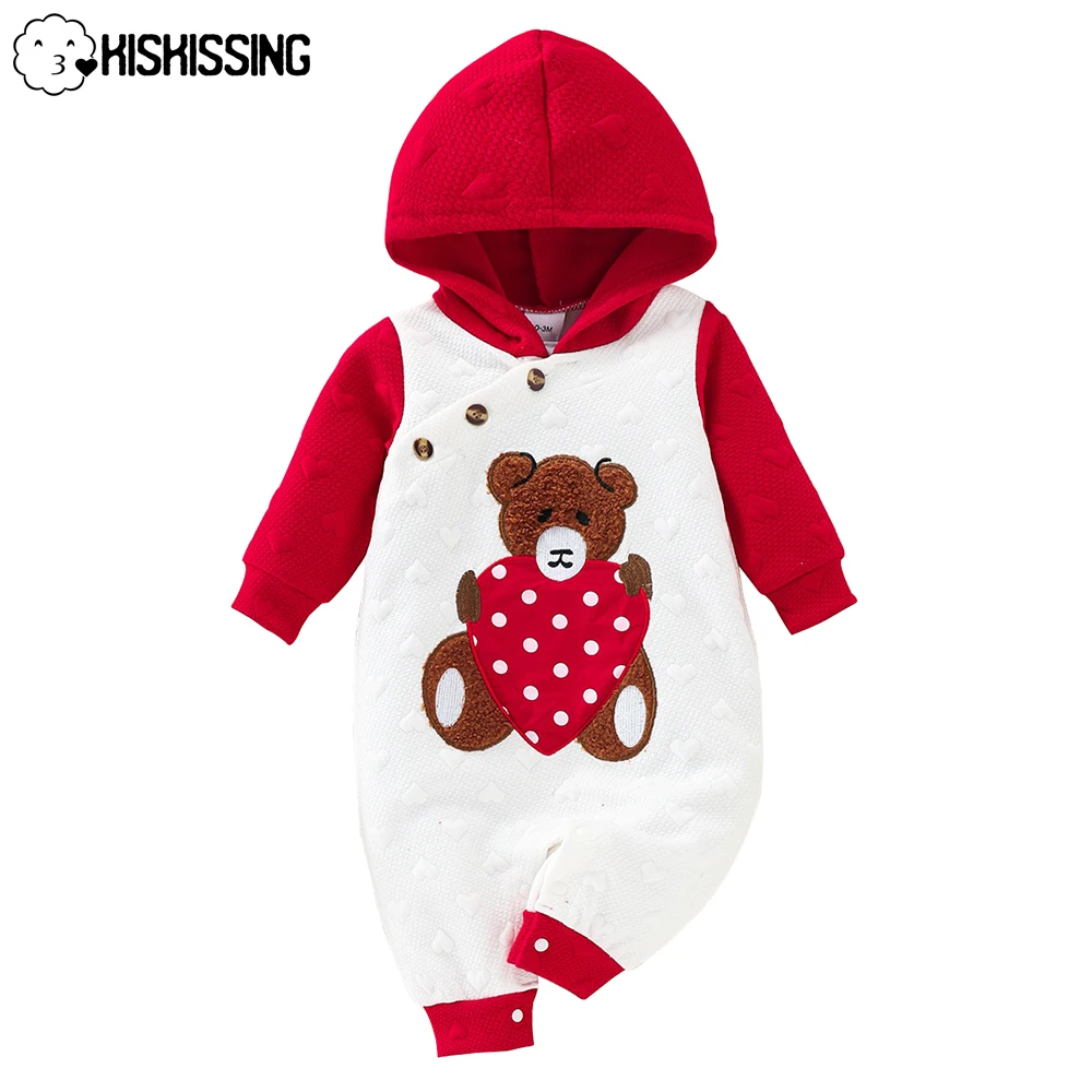 

KISKISSING Newborn Baby Jumpsuit Bear Love Heart Embroidery Hooded Rompers Infant Bodysuit Spring Autumn 0-18Months Baby Clothes