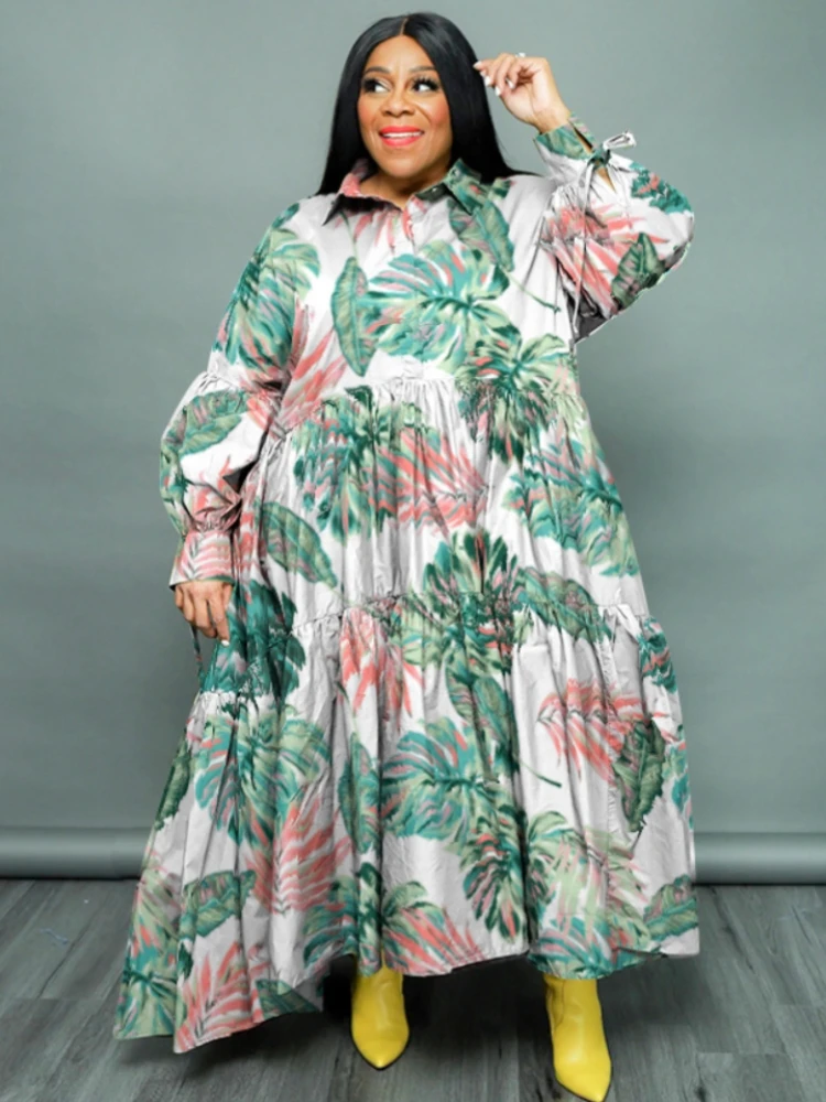 L-5XL Plus Size Blouse Maxi Dress For Women Summer 2023 Print Long Sleeve Casual Loose Party Dresses Robe Grande Taille Vestidos