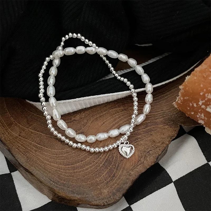 

Minar Luxury Irregular Freshwater Pearl Bracelet for Women Double Layered Silver Color Beads Chain Love Heart Charm Bracelets