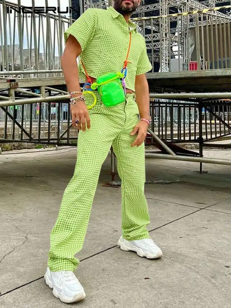 

INCERUN 2022 American Style Fashion Men's Plaid Short Short Sleeve Shirt Pants Sets Casual Streetwear Male All-match Suits S-5XL