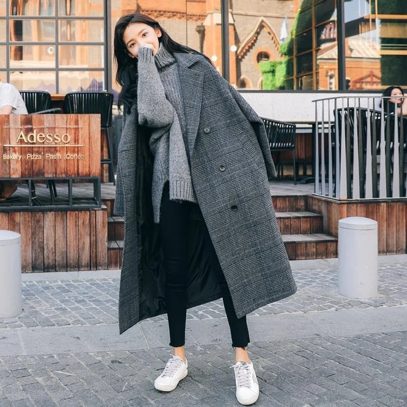 

Women Retro Warm Thick Casual Commute Blends Outwears Lapel Double Breasted Overcoats New Dark Grey Plaid Knee-Length Long Coats