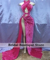 sexy mermaid prom dresses 2022 velvet halter high side slit birthday party dress for black girls homecoming gowns robe de bal