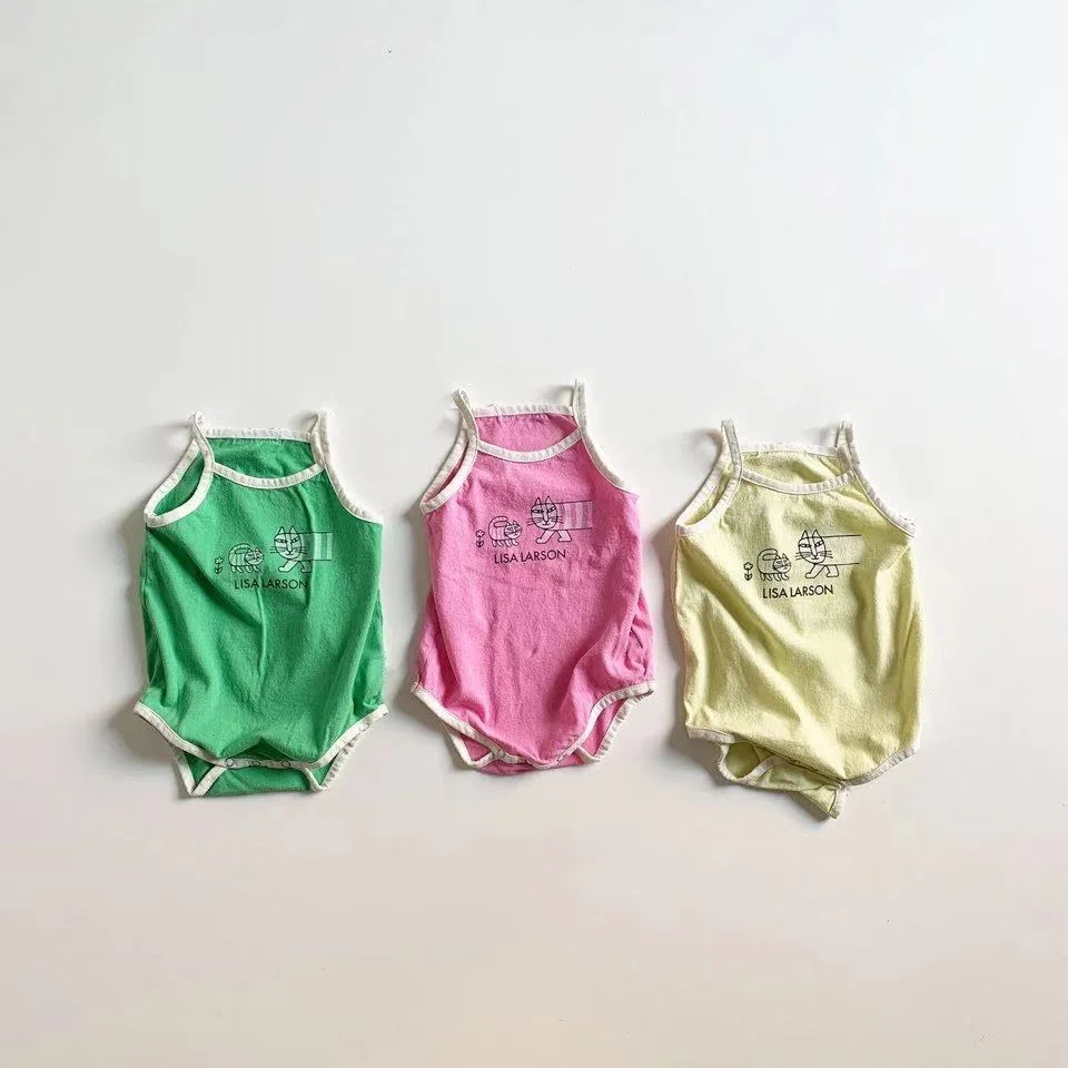 

Newborn Baby Girl Fashion Cartoon Cat Sling Bodysuit Boy Loose Comfortable Thin Cool Sleeveless Cotton Jumpsuit One Piece