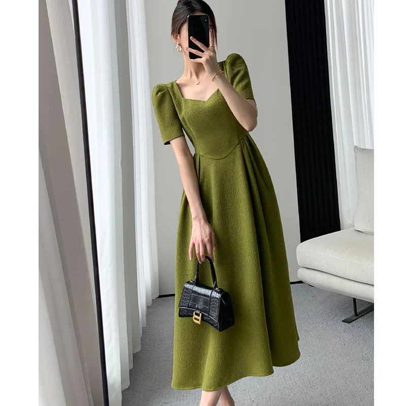 

Женское приталенное платье-трапеция, элегантное зеленое винтажное цельное платье с коротким рукавом и квадратным вырезом, лето 2022