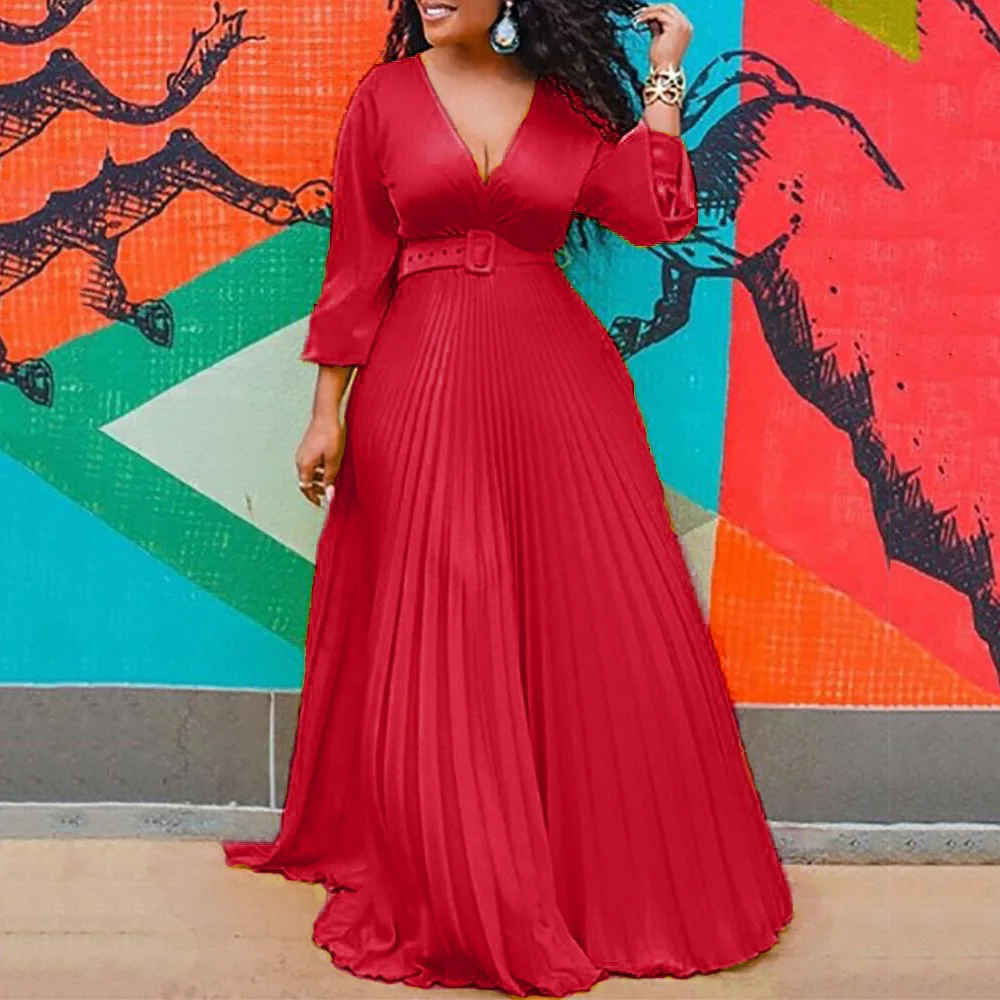 

Elegant Long Dresses for Women Pleated Solid V Neck Full Sleeve High Waisted Floor Length Evening Party Birthday Long Dress Hot