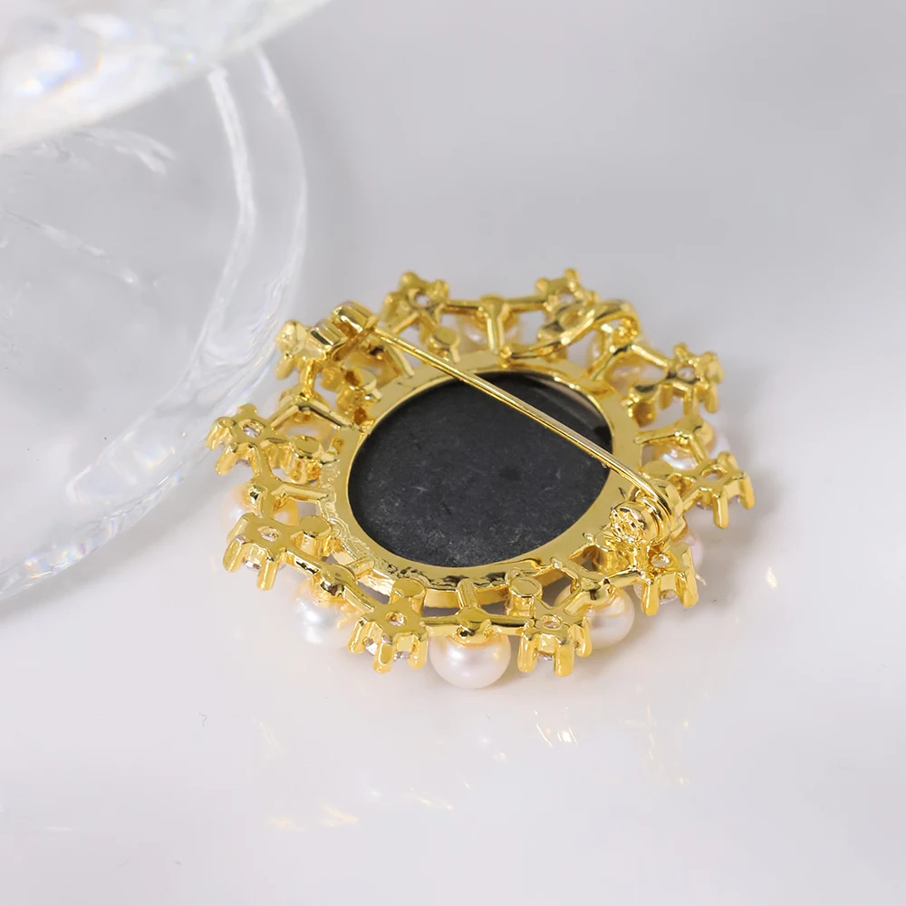 Броши GLSEEVO с натуральным жемчугом камея синие резные инкрустированные цирконами