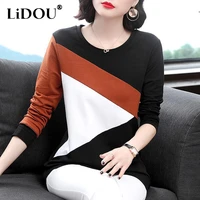 autumn winter new patchwork aesthetic elegant fashion t shirts women long sleeve all match lady tops loose casual female clothes