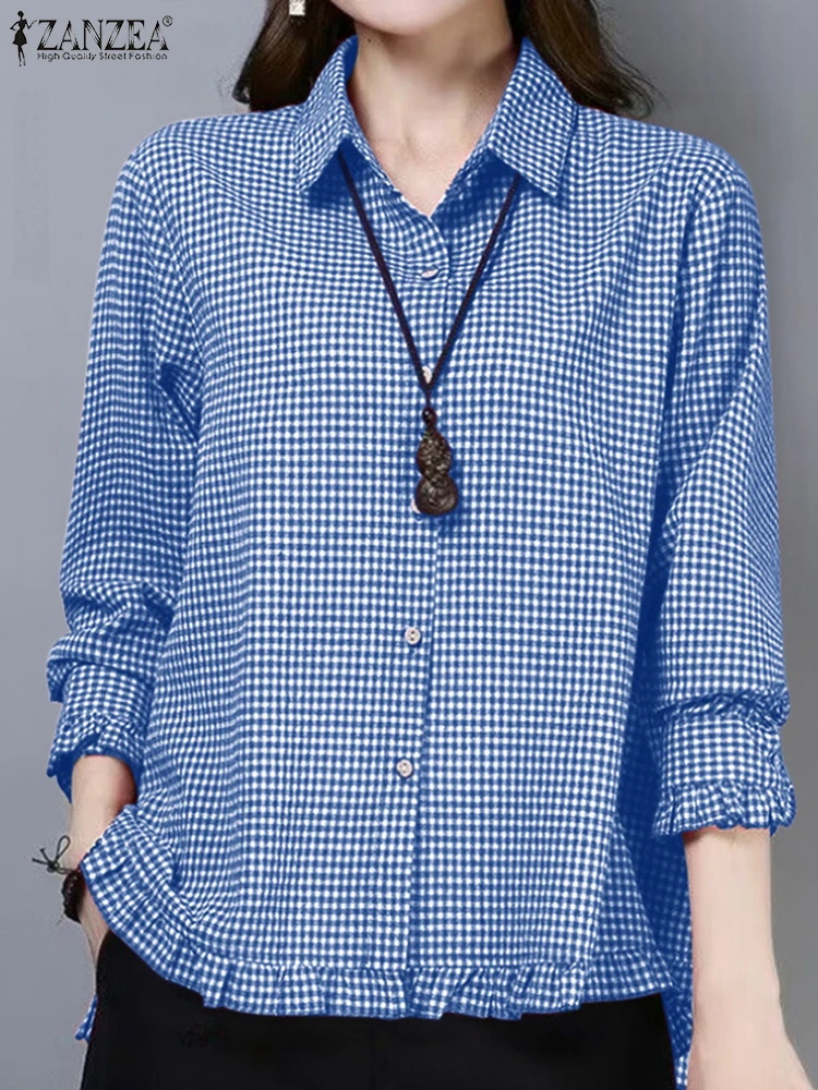 ZANZEA модные рубашки с воротником лацканами богемные топы рюшами по краю