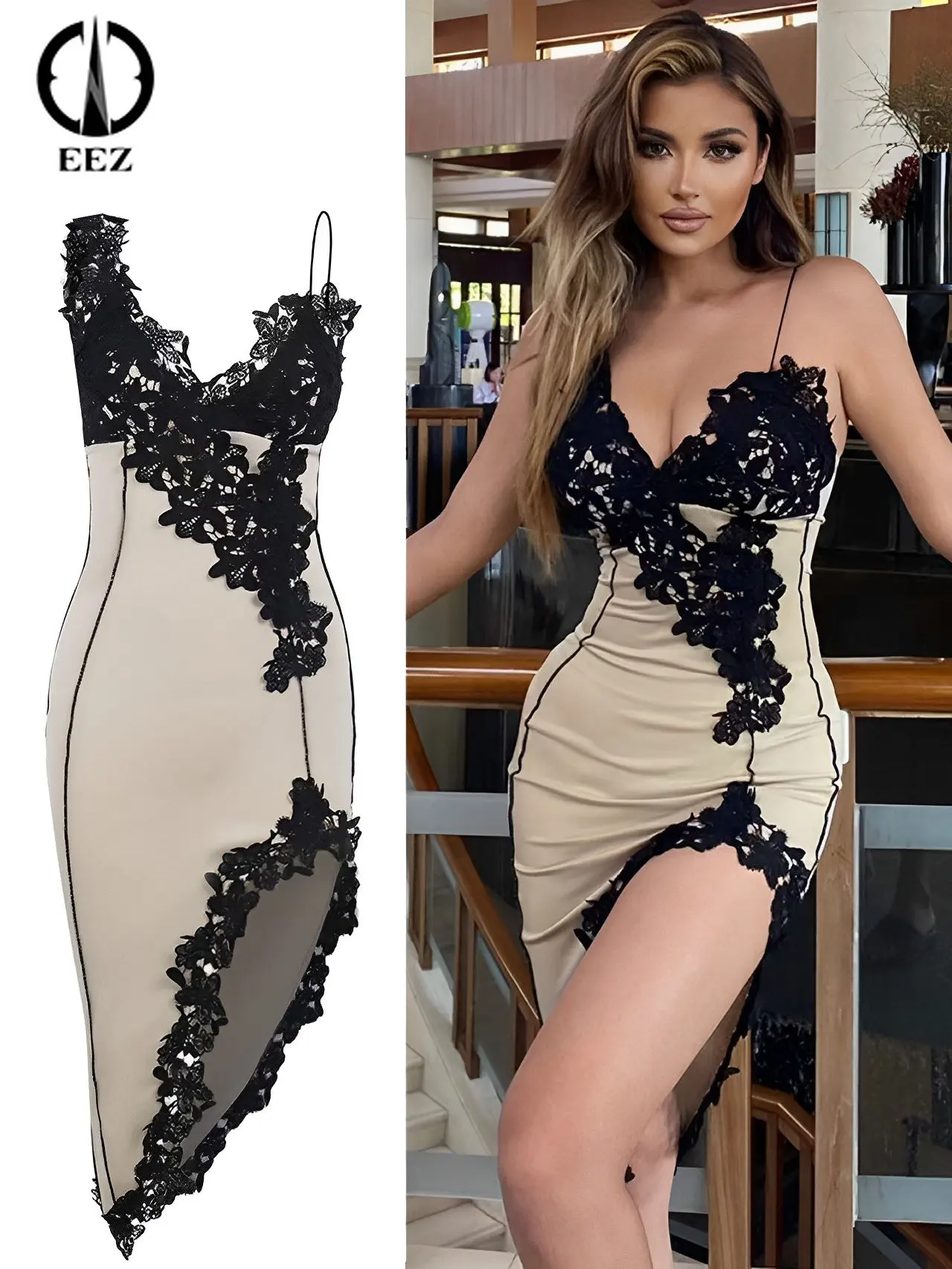 

Sexy Lace Applique V Neck Backless Camisole High Waist Midi Dresses for Women Elegant High Split Line Dress Lady Party Vestidos