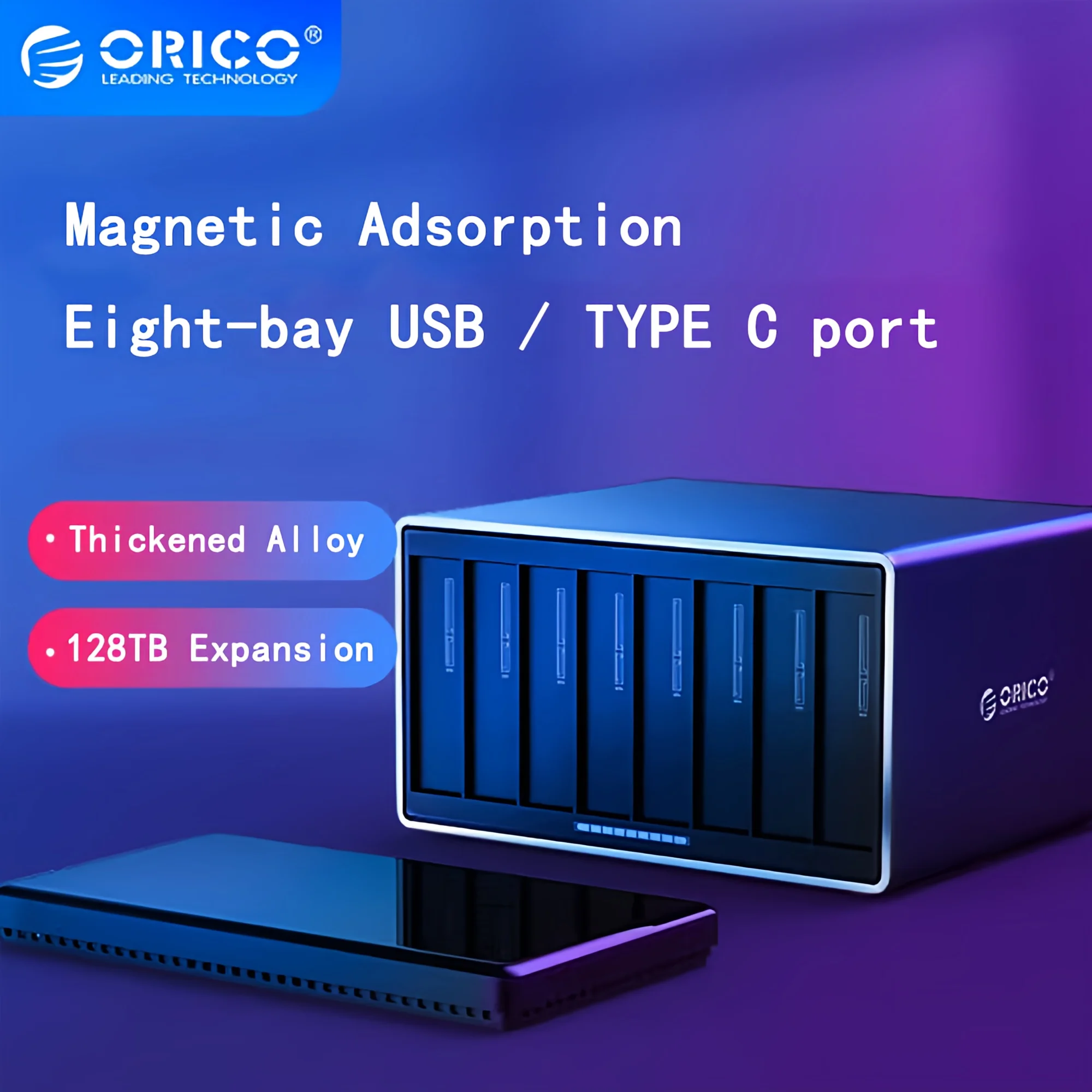 Enlarge ORICO 8 Bay HDD Enclosure With RAID Type-C Docking Station 78W Power Adapter Support 64TB NS Series 3.5 inch HDD Case