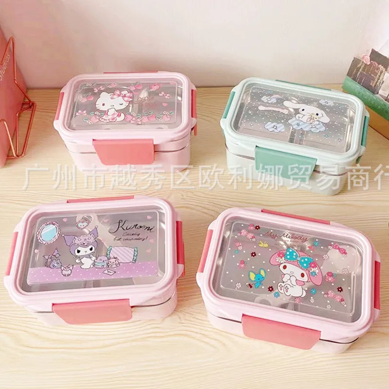

Kawaii Sanriod Anime My Melody Cinnamoroll Kuromi Stainless Steel Double-Layer Lunch Box Portable Heat Preservation Lunch Box