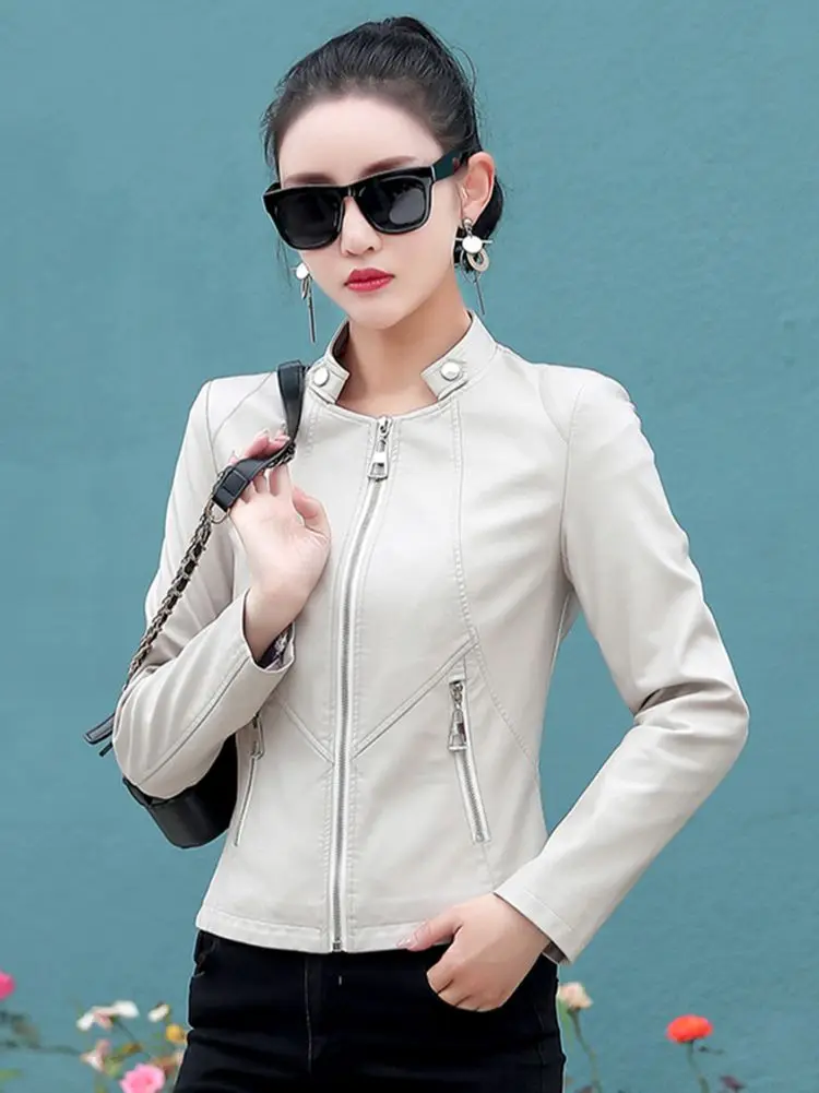 New Women Leather Jacket Spring Autumn Fashion Small Stand Collar Slim Waist Split Leather Short Coat Pink Sheepskin Outerwear