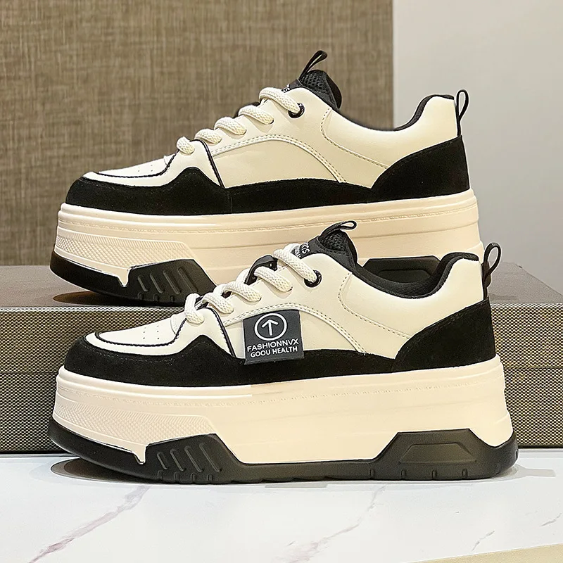 Autuspin Fashion Wedges Heels Women Genuine Leather Height Increasing Sports Shoes Outdoor Round Toe Casual Vulcanized Sneakers