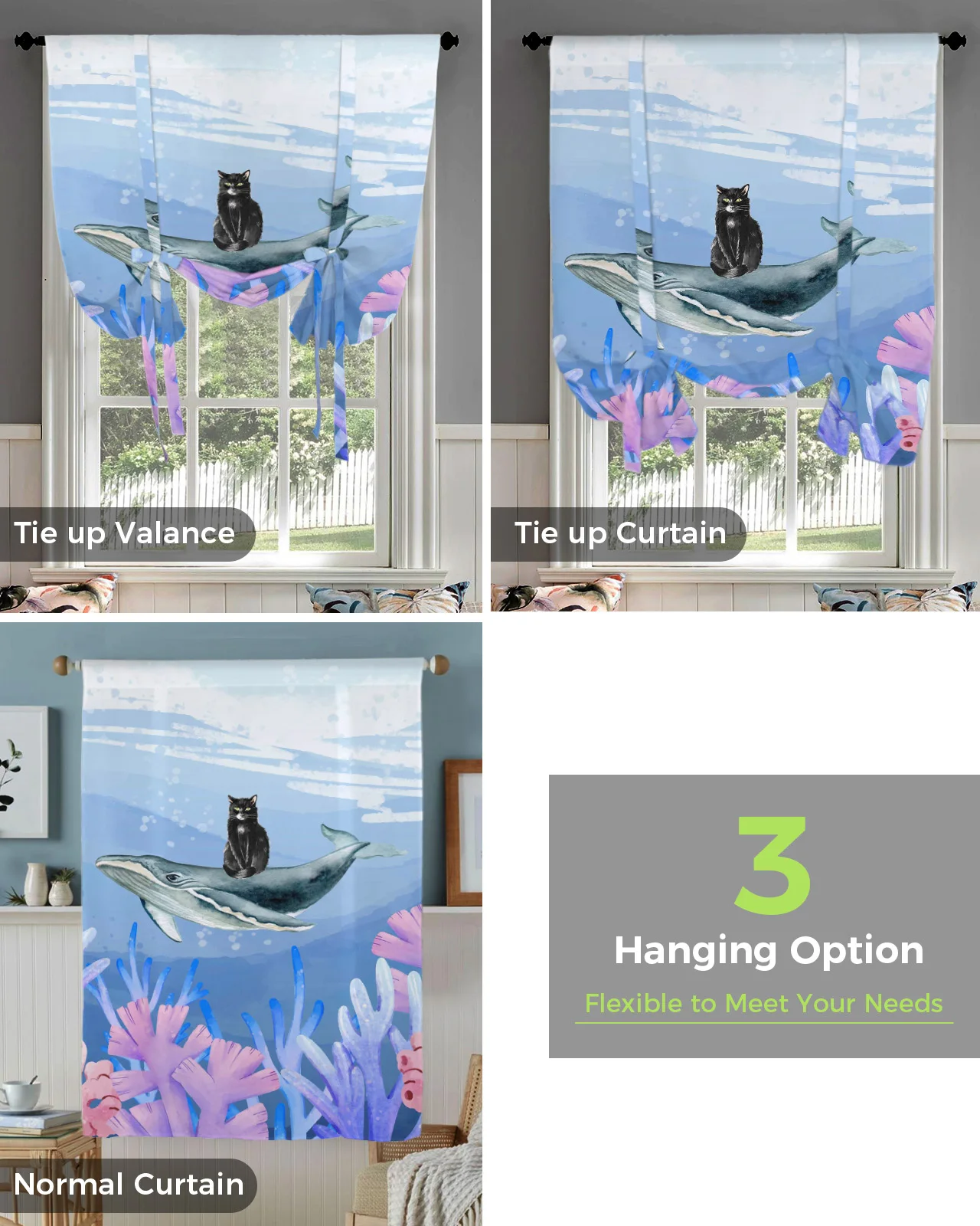 Короткая занавеска на окно с мультипликационным морским Китом для кухни