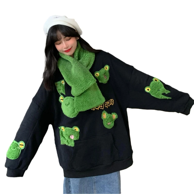 

Women Long Sleeve O-Neck Sweatshirt with Plush Collar Scarf Set Harajuku Cute Frog Embroidery Oversized Pullover Tops
