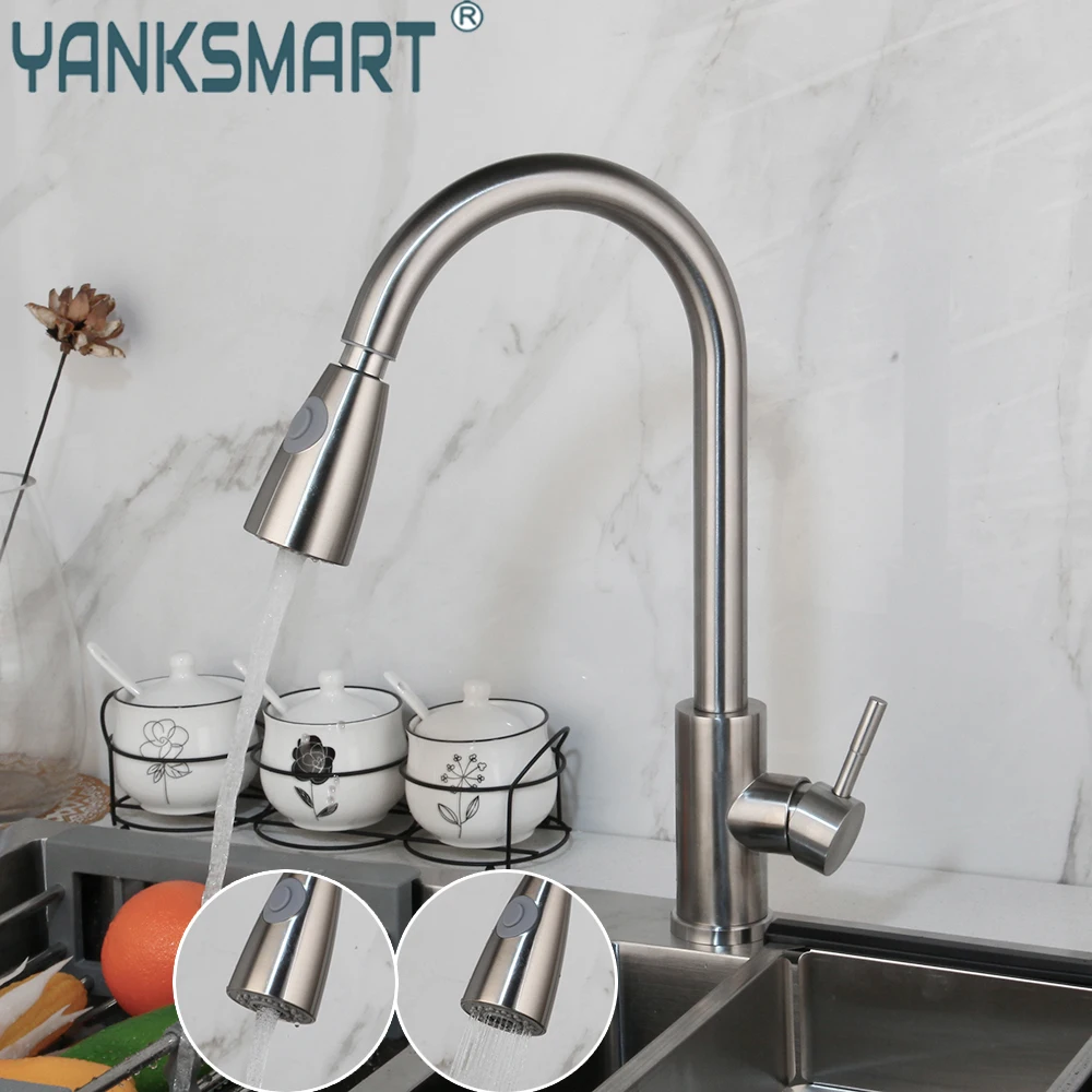 

Кухонный Смеситель YANKSMART, поворотный кран из матового никеля, выдвижной, с распылителем, с бесплатным дозатором для мыла