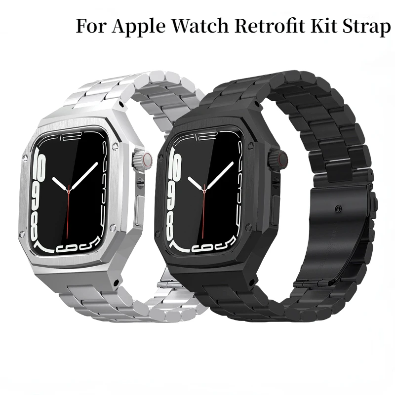 Metal Strap For Apple Watch Band 45mm 44mm Stainless Steel Protective Case+Strap All-in-one kit For iWatch 8 7 6 5 4SE 45mm 44mm