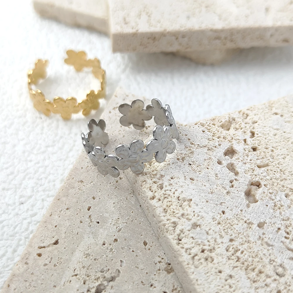 

Stainless Steel Fresh Flower Temperament Personality Literary Fashion Gift Korea Female Resizable Opening Rings