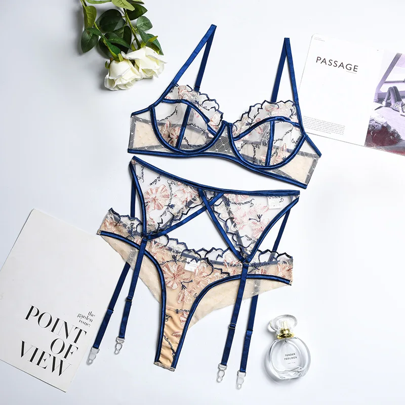 

Эротическое нижнее белье, прозрачный комплект с бюстгальтером, сексуальное нижнее белье с цветочной вышивкой, интимный наряд, комплекты с к...