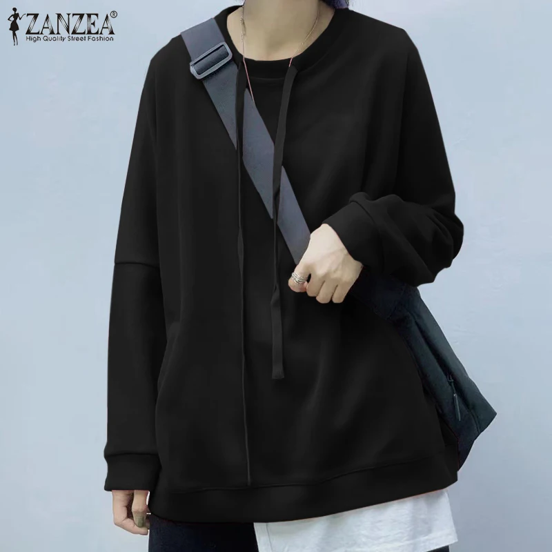 

Women Casual Long Sleeve O Neck Pullover ZANZEA Vintage Lace Up Hoodies 2022 Fashion Solid Sweatshirt Loose Holiday Baggy Tops