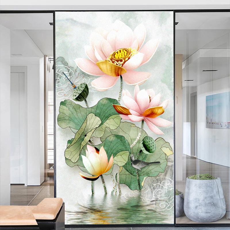 

Window Film Privacy Frosted Glass Sticker Heat Insulation and Sunscreen Lotus Decoration Adhesive sticker for Home