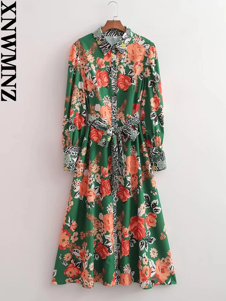 

XNWMNZ Women Fashion Patchwork Leopard Print Midi Dress vintage Long Sleeve Lapel Belt Female Chic Dresses