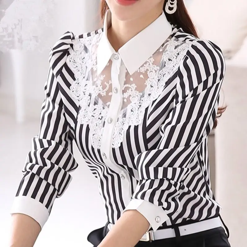 2021 spring new large size women's bottoming shirt lace Korean striped chiffon shirt long-sleeved blouse  ladies tops