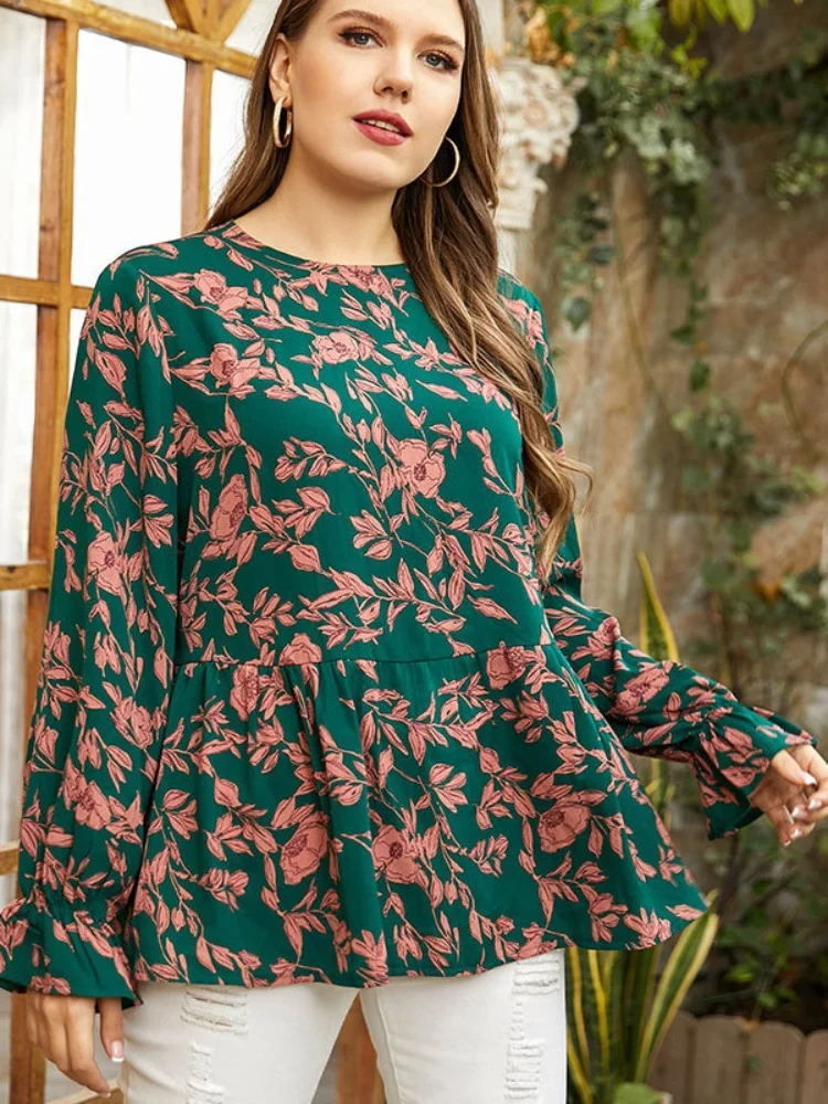 Fragmented Flower Doll Shirt Large Ruffled Women's Clothing plus size women clothing  plus size blouse
