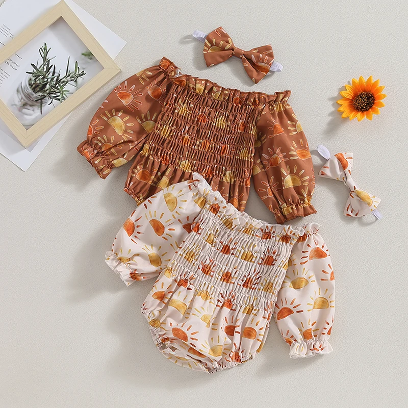 

Infant Baby Girl Spring Jumpsuit Set Cartoon Sun Print Off Shoulder Long Sleeve Bodysuits + Bow Headband For Newborn Playsuit