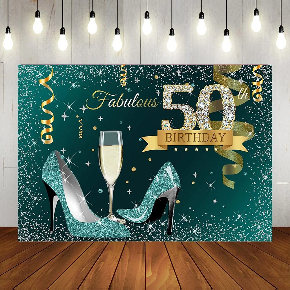 

Фон для фотосъемки с зелеными блестками на праздник в честь 50-го дня рождения серебряные высокие каблуки Шампанское пятидесяти женщин сияю...