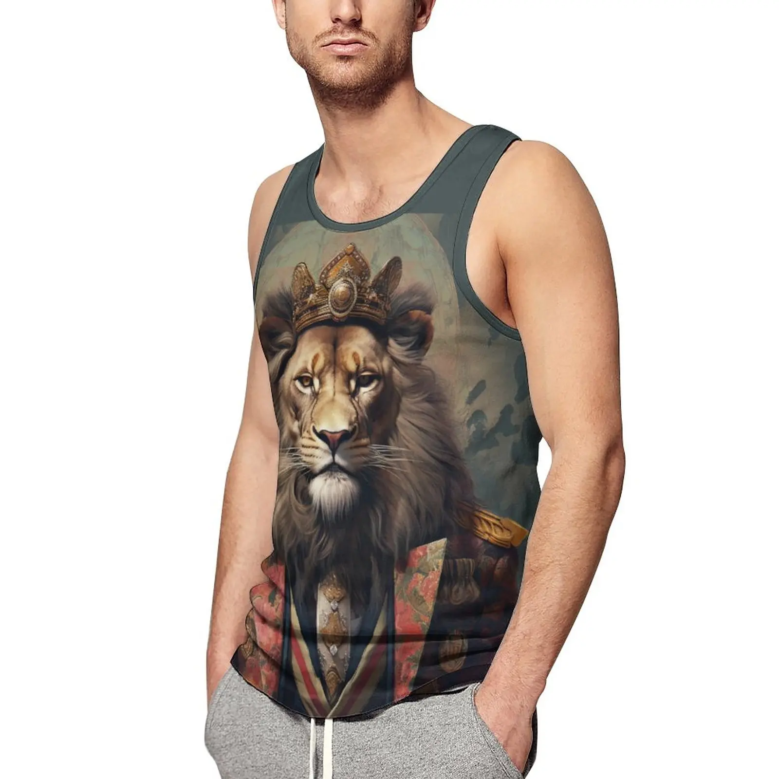 

Lion Tank Top Males Dapper Clothing Workout Oversized Tops Beach Trendy Printed Sleeveless Vests