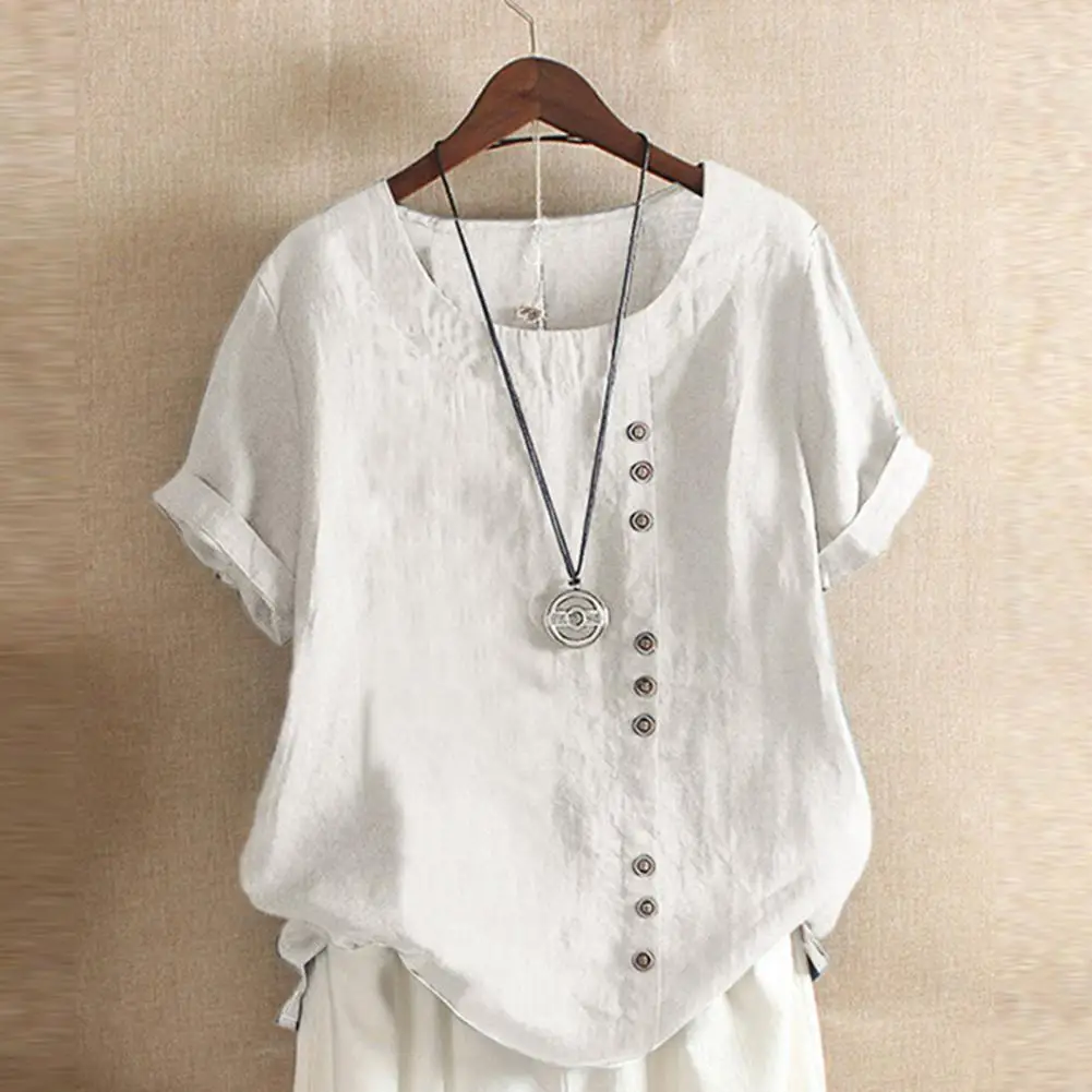 

4XL Cotton Linen Woman Tops Round Neck Short Sleeves Solid Color Pullover Breathable Casual Oversize Summer Loose Shirt Blouse