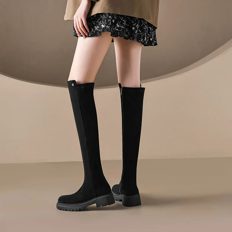 Женские ботфорты из эластичной ткани Осенние Зимние Черные Сапоги выше колена на