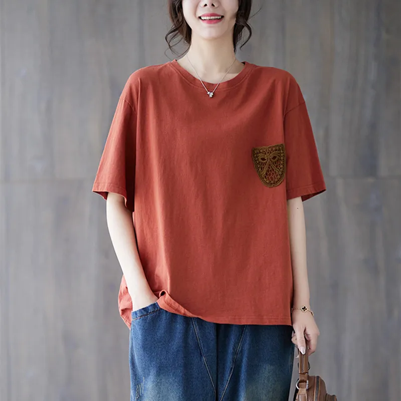 

2023 New Arrival Patchwork O-neck Short Sleeve Loose Summer T Shirts Tops Fashion Women Casual T-shirt Vintage Tees Tshirt