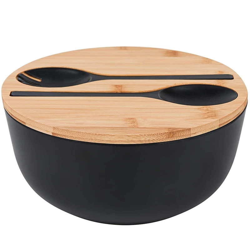 

Bamboo Fiber Salad Bowl With Servers Set With Bamboo Lid Spoon For Fruits,Salads And Decoration,Black