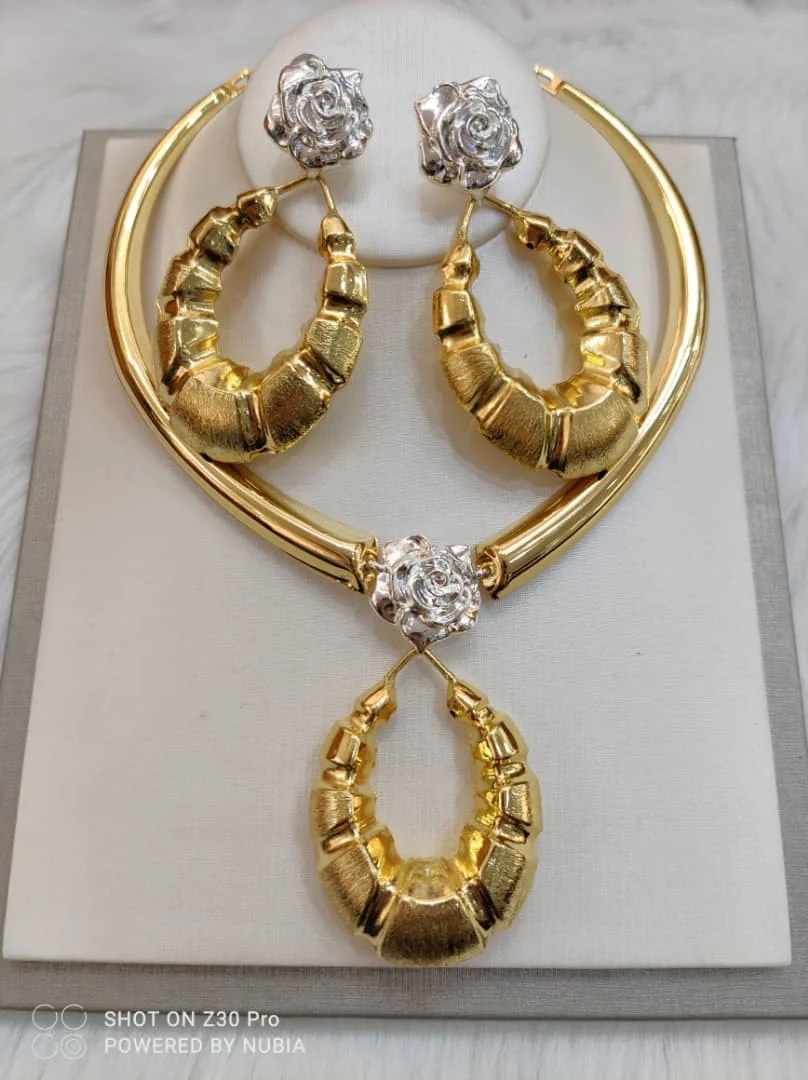 

Women Dubai Jewelry Gold Color Large Hoop Earring And Round Chain Gold Plated Jewelry Set Bridal Wedding Accessories